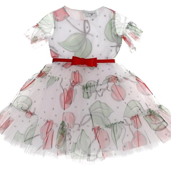 MONNALISA Girl White/Red/Green Cherry Print Tulle Red Bow Belt Dress Size 10